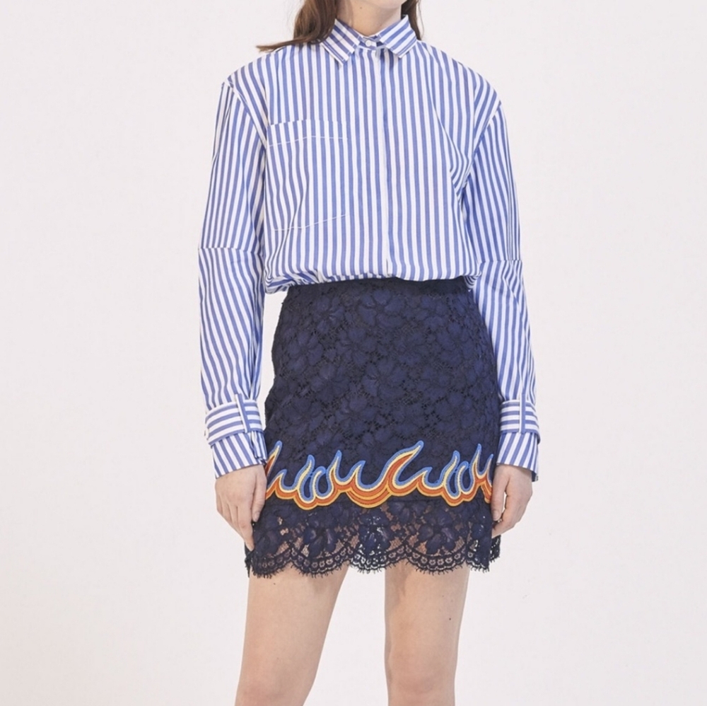Sandro Navy Lace Mini Skirt with Orange Accents